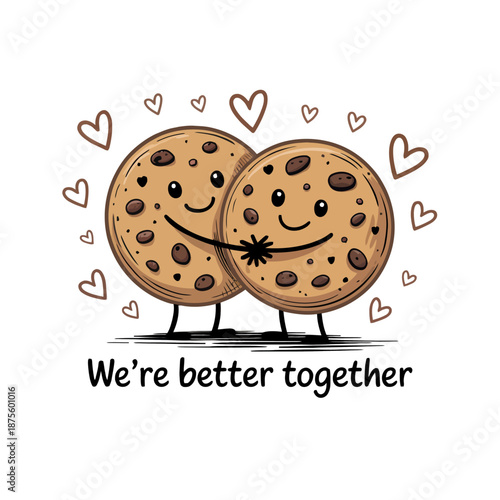 Two cartoon cookies are seen hugging each other with smiling faces