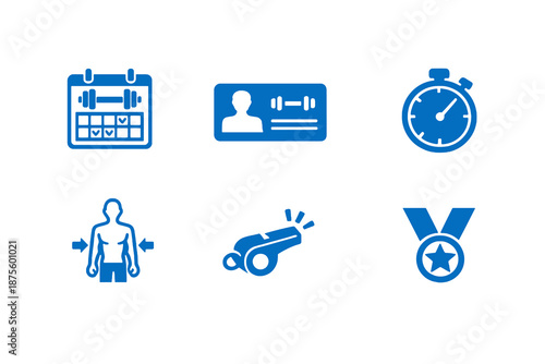 Monochromatic flat vector icon set focused on fitness training and gym routines. Clean symbols for workout planning, progress tracking and fitness app interfaces.