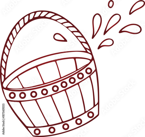 Illustration of a wooden barrel tipping over and spilling its contents with liquid splashing out in a lively and dynamic depiction, perfect for themes of abundance, generosity, or accidental spills