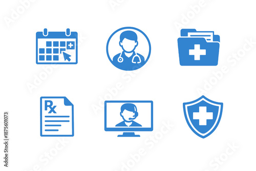 Set of six monochromatic healthcare icons in flat vector style. Simple symbols designed for telehealth platforms, medical dashboards and health management apps.