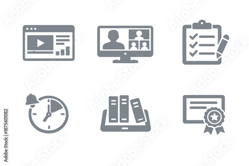 Monochromatic flat vector icon set focused on online education and study routines. Clean symbols for e-learning platforms, study planners and academic dashboards.