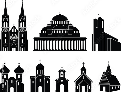 PrintCollection of Religious Building Silhouettes Featuring Gothic Cathedrals Orthodox Basilicas and Small Chapels Isolated on White for Spiritual Graphic Design