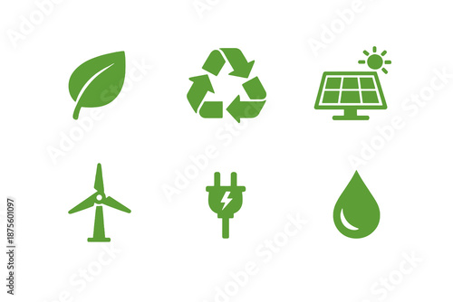 Set of six monochromatic sustainability icons in flat vector style. Simple symbols designed for climate dashboards, green technology platforms and eco initiatives.