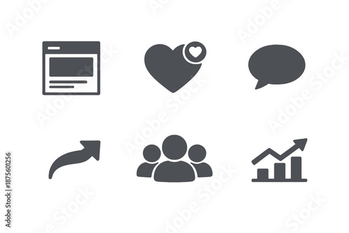 Set of six monochromatic social media icons in flat vector style. Simple symbols designed for content apps, marketing dashboards and engagement tools.