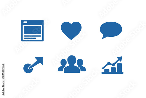Monochromatic flat vector icon set focused on social media interaction and content performance. Clean symbols for feeds, engagement actions and analytics interfaces.
