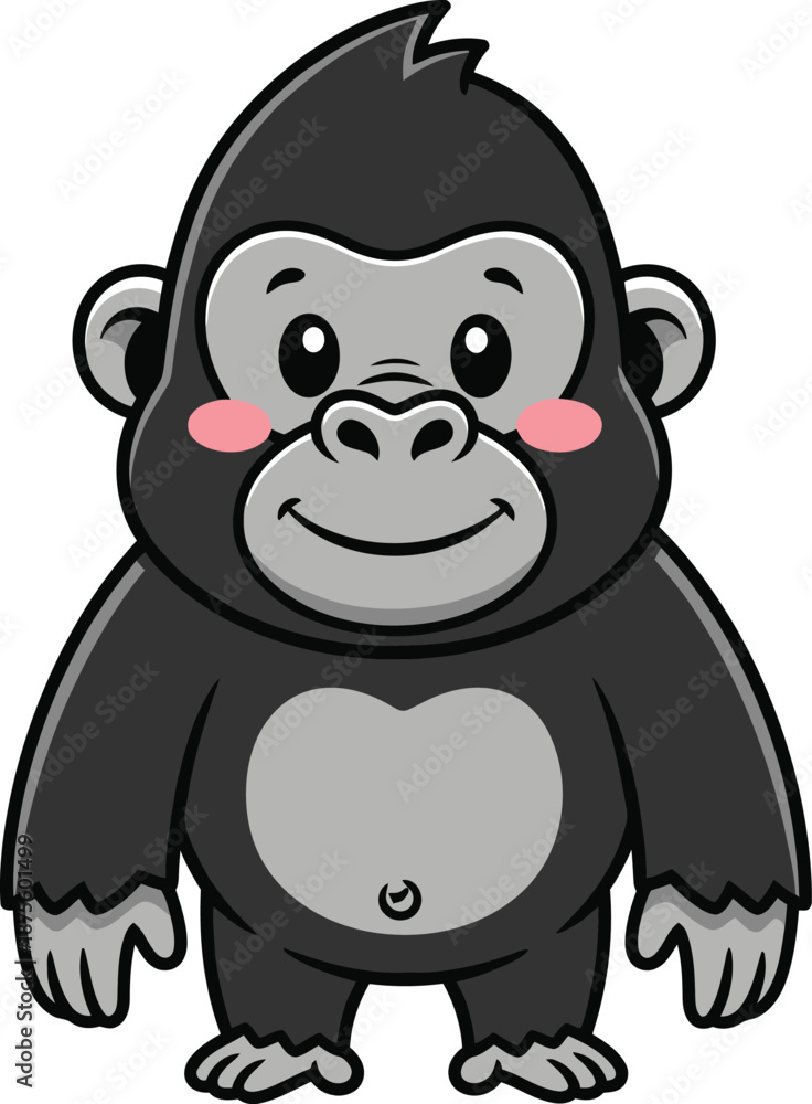 Fototapeta premium Adorable cartoon gorilla character illustration, a friendly jungle animal with a cheerful expression. Perfect for children's designs, educational content, and cute wildlife graphics