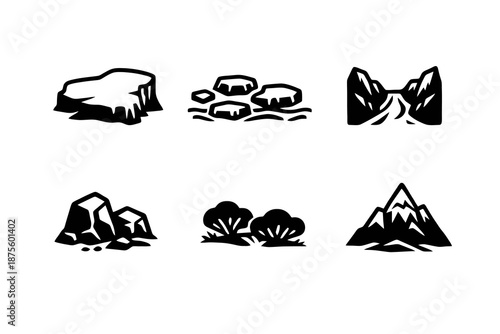 Set of six black icons illustrating polar biomes in flat vector style. Minimal outline symbols designed for maps, schools and climate-related educational platforms.