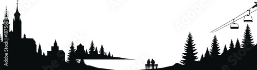 Scenic Landscape Silhouette, Village View, Pine Trees, Ski Lift, Couple on Bench, Mountains, Architecture, Nature, Editable, Black Vector