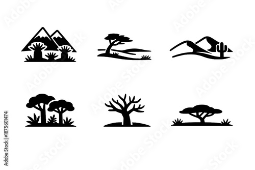 Set of six black icons illustrating South American biomes in flat vector style. Minimal outline symbols designed for maps, schools and environmental learning platforms.