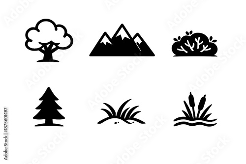 Black flat vector icon set representing European biomes and landscapes. Clean outline symbols for geography education, climate regions and environmental interfaces.