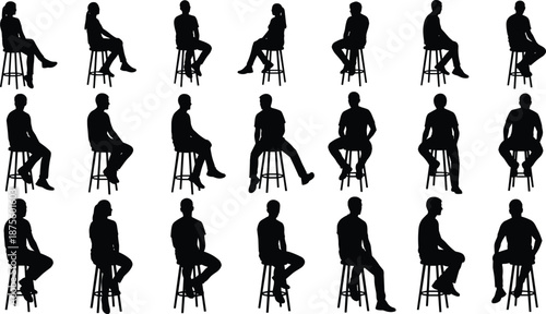 Seated figure silhouettes, stool poses, posture grid, sitting positions, black illustration, anchor reference, pose variation, body orientation, silhouette study, gesture chart