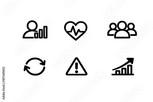 Black flat vector icon set focused on user analytics and growth metrics. Clean outline symbols for engagement tracking, retention analysis and product performance dashboards.