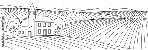 Rural landscape illustration, church building, steeple architecture, black and white, farmland, trees, hills, perspective drawing, countryside scene, stylized design, plowed field