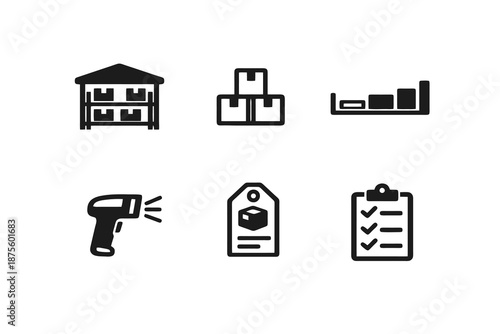 Black flat vector icon set focused on inventory and stock management. Clean outline symbols for warehouses, tracking systems and supply management interfaces.