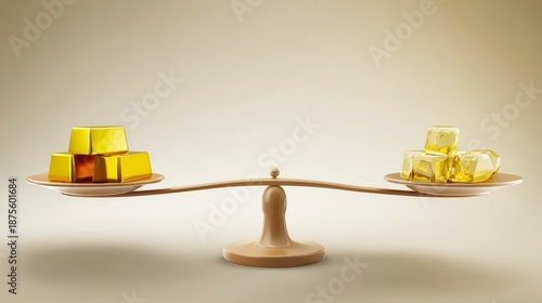 Balanced scales showcasing gold bars and cubes, symbolizing wealth comparison, investment strategy, financial stability, and asset management.