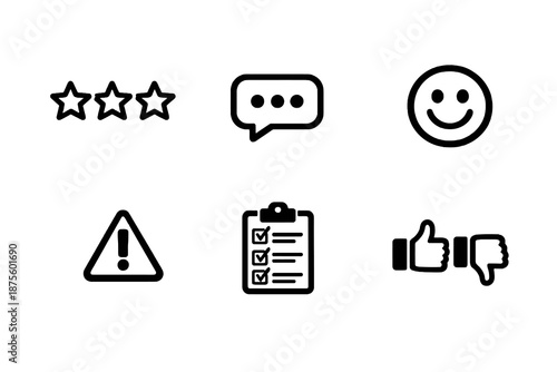 Set of six black feedback and rating icons in flat vector style. Minimal outline symbols designed for review systems, customer experience tools and service dashboards.