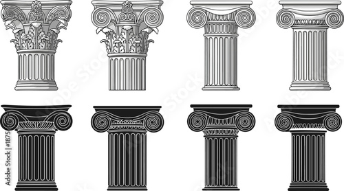 Set of classical Greek and Roman column orders with Corinthian and Ionic capitals in black and white cad drawing flat vector illustration