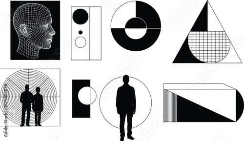 Abstract monochrome vector collection featuring human silhouettes, geometric shapes, wireframe head, futuristic interface elements, and minimal graphic design for technology concepts.