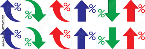 Percent Arrow Icon Set. curved arrow icon with percent symbol, economic growth, increase. Thin stroke editable icons. with increase arrow up icon, decrease arrow down icon
