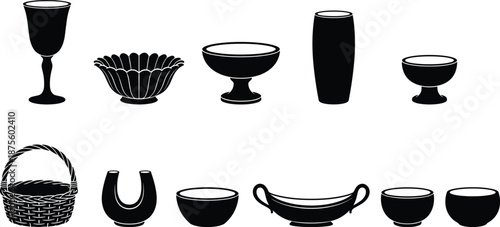 PrintCollection of Various Vessel Silhouettes Featuring Bowls Vases Wicker Basket and Glassware Isolated on White Background for Interior Design Elements
