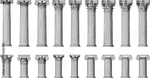 Classical column capitals, Ionic, Corinthian, architectural styles, ancient design, black and white, ornate details, scroll volutes, acanthus leaves, column grid