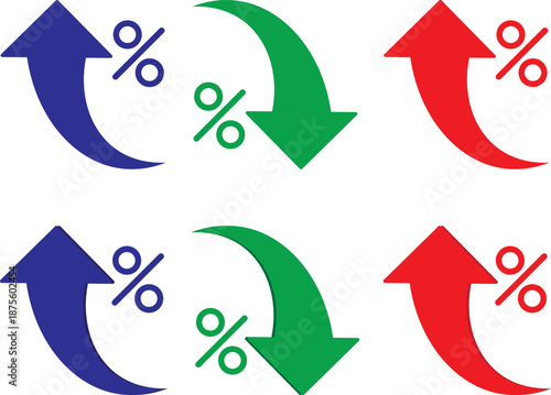 Percent Arrow Icon Set. curved arrow icon with percent symbol, economic growth, increase. Thin stroke editable icons. with increase arrow up icon, decrease arrow down icon