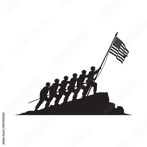 Soldiers raising american flag on mountain peak in black silhouette