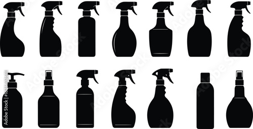WebCleaning spray bottle silhouettes set, plastic container shapes, household detergent packaging, cosmetic dispenser icons, black vector illustration collection