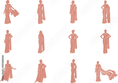 Collection of Women in Traditional Saree Silhouettes on Transparent Background