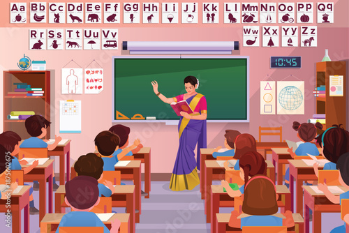 Indian Woman Teacher Teaching Students in Modern Classroom, Indian teacher and students in the classroom, education illustration