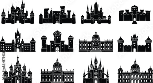 PrintCollection of World Landmark and Castle Silhouettes Featuring Cathedrals Fortresses Palaces and Historical Monuments Isolated on White for Global Tourism Design