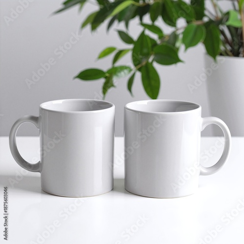 Two elegant white ceramic mugs with smooth finishes, resting side by side on a rustic wooden table, softly reflecting natural light from a nearby window.