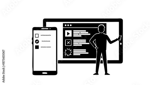 A silhouette of a developer standing inside a giant smartphone frame, adjusting UI/UX elements.