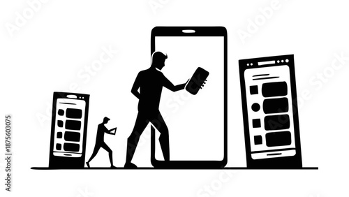 A silhouette of a developer standing inside a giant smartphone frame, adjusting UI/UX elements.