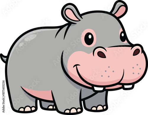 Cute cartoon hippopotamus smiling with big pink cheeks and white teeth, perfect for children's educational content