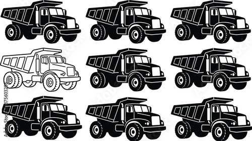 PrintDump truck silhouette set featuring heavy mining machinery, construction tipper vehicles, haul trucks, and earthmover icons for industrial engineering vector designs