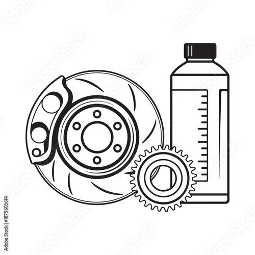 car brake rotor gear and bottle of lubricant