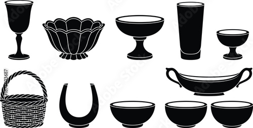 PrintGlassware and bowl silhouette set with wicker basket, goblet, vase, kitchenware containers, and decorative vessel icons for interior home decor designs