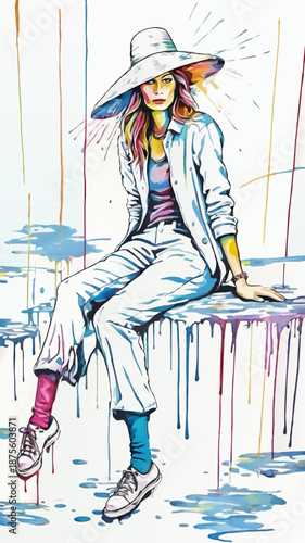 fashion lady with hat colorful vector sketch illustration