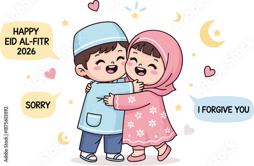 Eid al-Fitr forgiveness cartoon, Muslim children hugging, festive greeting illustration, Islamic holiday celebration, love and peace theme, flat vector art