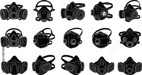 PrintIndustrial respirator silhouette vector set featuring gas masks, dust filters, safety equipment, chemical protection, and breathing apparatus icons for workplace safety