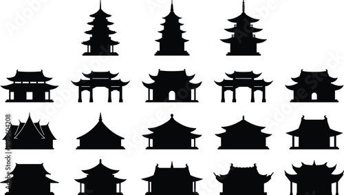 PrintLarge collection of black silhouettes featuring traditional Japanese pagodas and Chinese temple buildings, Asian architectural icons isolated on white background.
