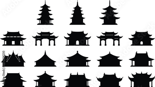 PrintLarge collection of black silhouettes featuring traditional Japanese pagodas and Chinese temple buildings, Asian architectural icons isolated on white background.