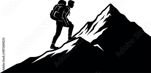 Determined hiker ascending a rugged mountain peak