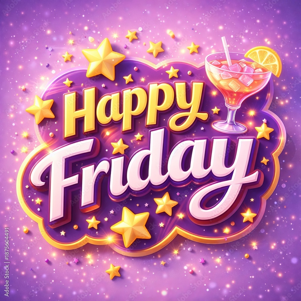 Obraz premium 3D fun badge text “Happy Friday” in purple and yellow, stars, drink glass, sparkles, realistic soft reflections, bright weekend fee