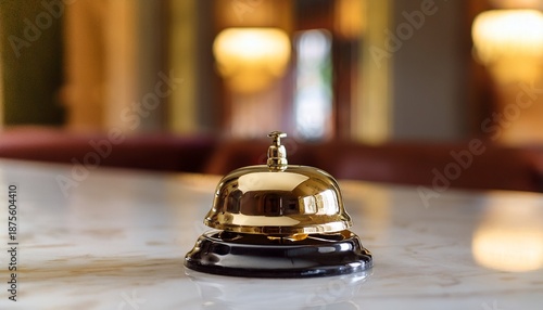 close up of a golden service bell on a marble counter in a luxurious hotel lobby