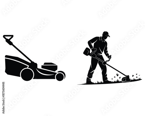 Lawn Mower and Gardener Cutting Grass Outdoor Landscaping