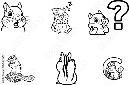 Black and white chipmunk illustrations in different poses and emotions