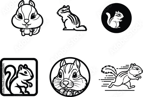 Black and white chipmunk illustrations in various poses and shapes