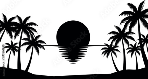 Silhouetted palms at sunset over a tranquil beach